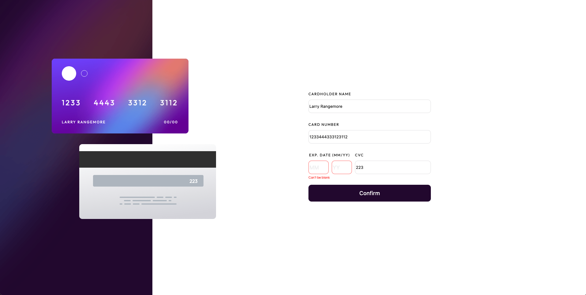 screenshot of interactive card form
